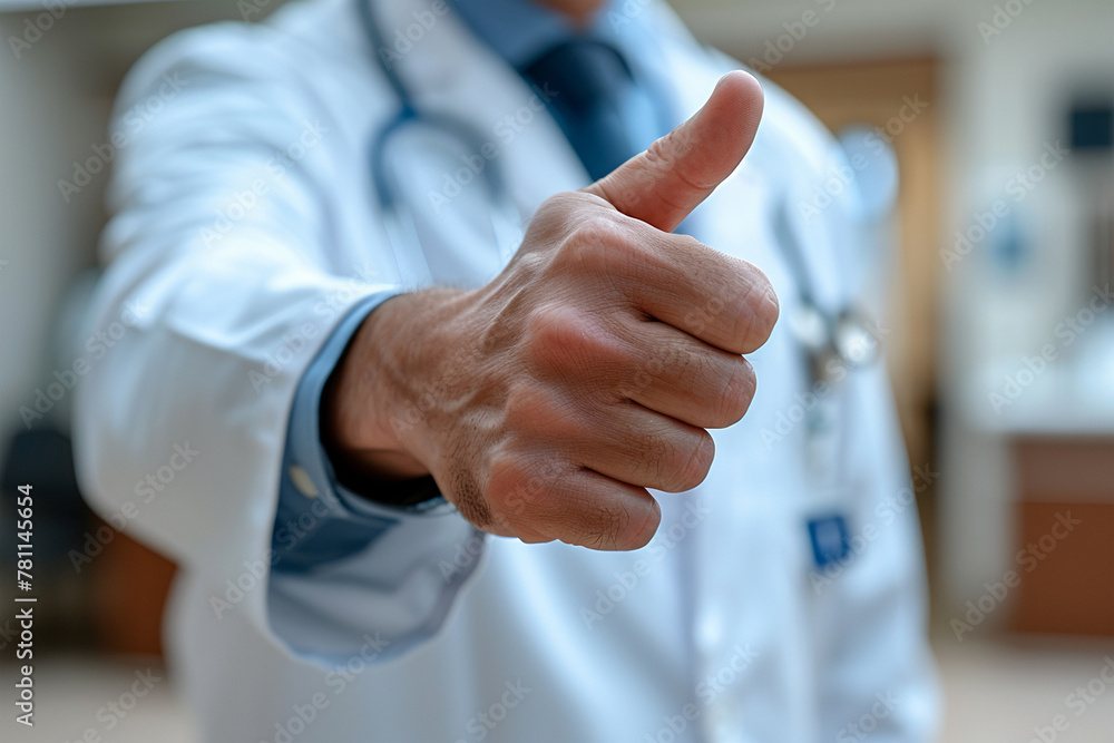 Positive Doctor with Thumbs Up Gesture in Modern Clinic Positive Doctor with Thumbs Up Gesture in Modern Clinic