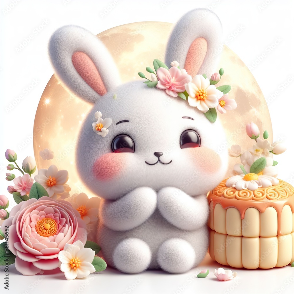 3D rendering cute moon rabbit, Mid-autumn festival concept