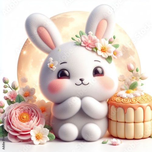 3D rendering cute moon rabbit, Mid-autumn festival concept