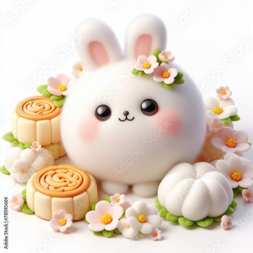 3D rendering cute moon rabbit, Mid-autumn festival concept