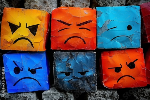 Stack of angry expression painted bricks