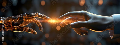 Robotic hand reaching out towards human hand against dark backdrop with particles suggesting digital connection