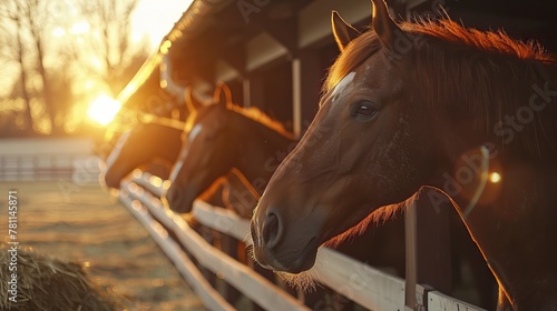 Brown Horses Resting in Open Stable Against Setting Sun photo