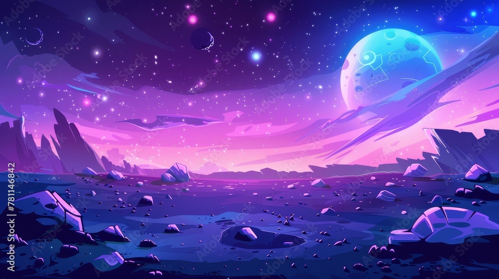 An alien planet with craters and lighted cracks on a purple galaxy background. An illustration of a purple galaxy sky with a moon, a ground surface with rocks, and a purple galaxy sky. An alien planet with craters and lighted cracks on a purple galaxy background. An illustration of a purple galaxy sky with a moon, a ground surface with rocks, and a purple galaxy sky.