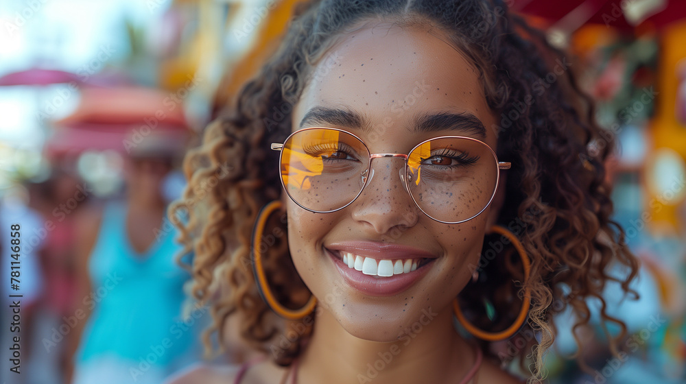 smiling young woman with curly hair wearing sunglasses outdoors in summer smiling young woman with curly hair wearing sunglasses outdoors in summer
