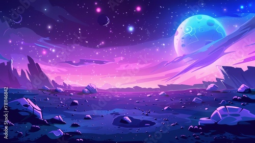An alien planet with craters and lighted cracks on a purple galaxy background. An illustration of a purple galaxy sky with a moon, a ground surface with rocks, and a purple galaxy sky. © Mark
