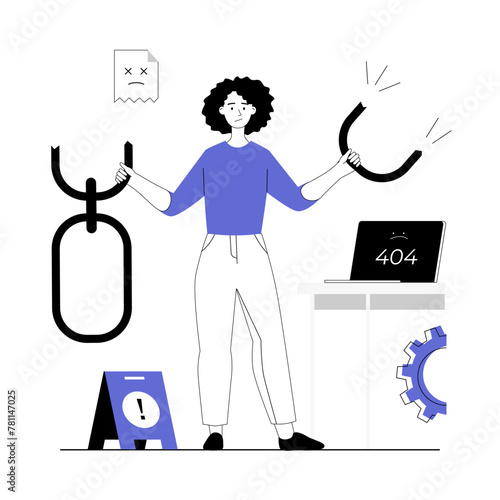 Broken link. 404 error page, Page not found. Technical problems wrong or broken link and internet address. Vector illustration with line people for web design.