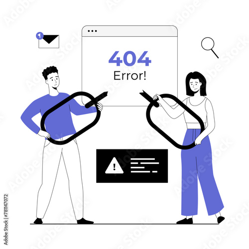 Broken link. Wrong site address and technical problems. 404 error page not found. People holding a broken chain. Vector illustration with line people for web design.