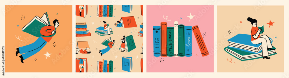 Book concepts set. Happy readers reading books and flying, laying , sitting everywhere. Flat trendy retro vector illustrations isolated on white background - obrazy, fototapety, plakaty 