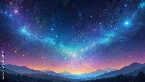 A majestic digital creation showing a nightscape with a galaxy above mountain silhouettes, ideal for cosmic themes or tranquil night backgrounds. AI Generation © Anastasiia