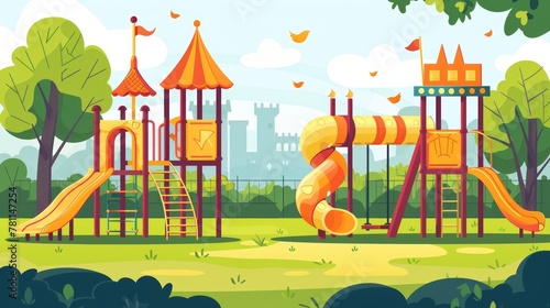 Children's play area in summer park, garden or backyard with carousel, spiral tube slide, swing and castle. Modern cartoon illustration of green lawn with slides. photo