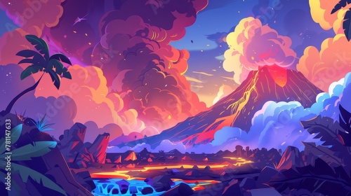 Modern cartoon summer landscape with burning volcano, smoking crater and liquid magma, rocks, river, tropical plants, palm trees, and lava flows.