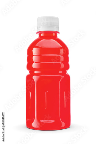 Bright red sports drink bottle with white cap isolated. Transparent PNG image.