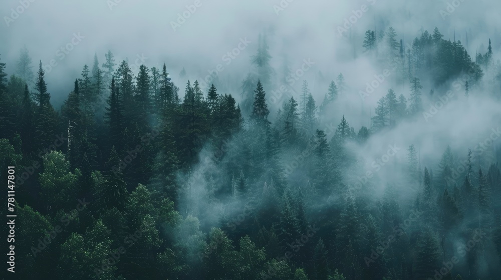 Foggy forest. Generative AI - obrazy, fototapety, plakaty 