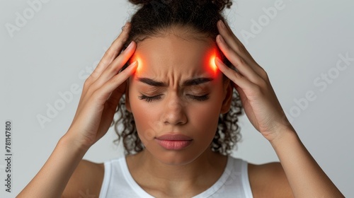 Agony palpable, she grasps her head, illuminated spots accentuating the torment of a migraine in stark simplicity.
