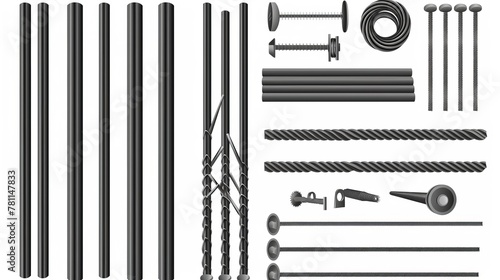 Modern realistic set of construction armature, smooth and deformed iron bars for building, cage, rack or prison grate. Stainless fittings isolated on white. photo