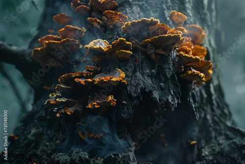 Visual homage to Chaga mushrooms, using a mix of fantastical and realistic elements in a 3D CGI masterpiece that highlights their revered status in natural medicine