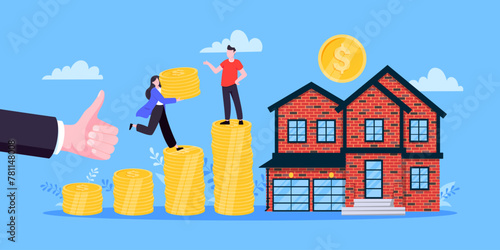 Mortgage refinance to buy a house flat style design business concept. Real estate property or mortgage loan investment. Business people climb money coin stack and home building vector illustration.