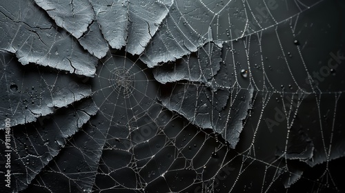 Detailed spider web with cobwebs. Realistic arachnid net borders. Spooky Halloween background. Modern tangled lines. photo