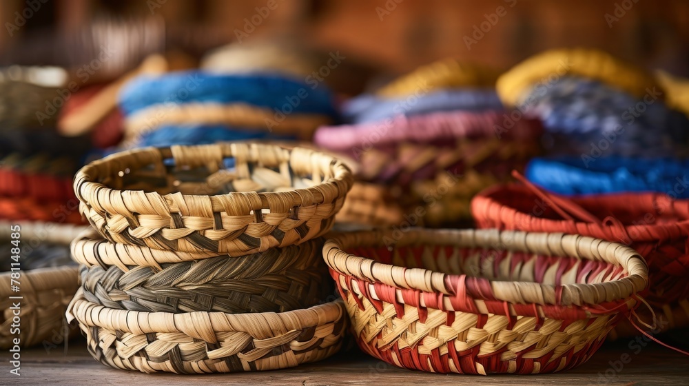 Woven baskets neatly stacked together