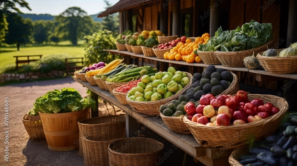 Vibrant farm stand brimming with fresh produce