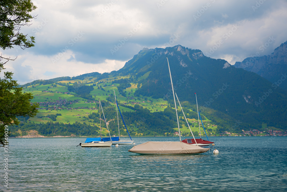 sailboats at lake Thunersee, landscape switzerland