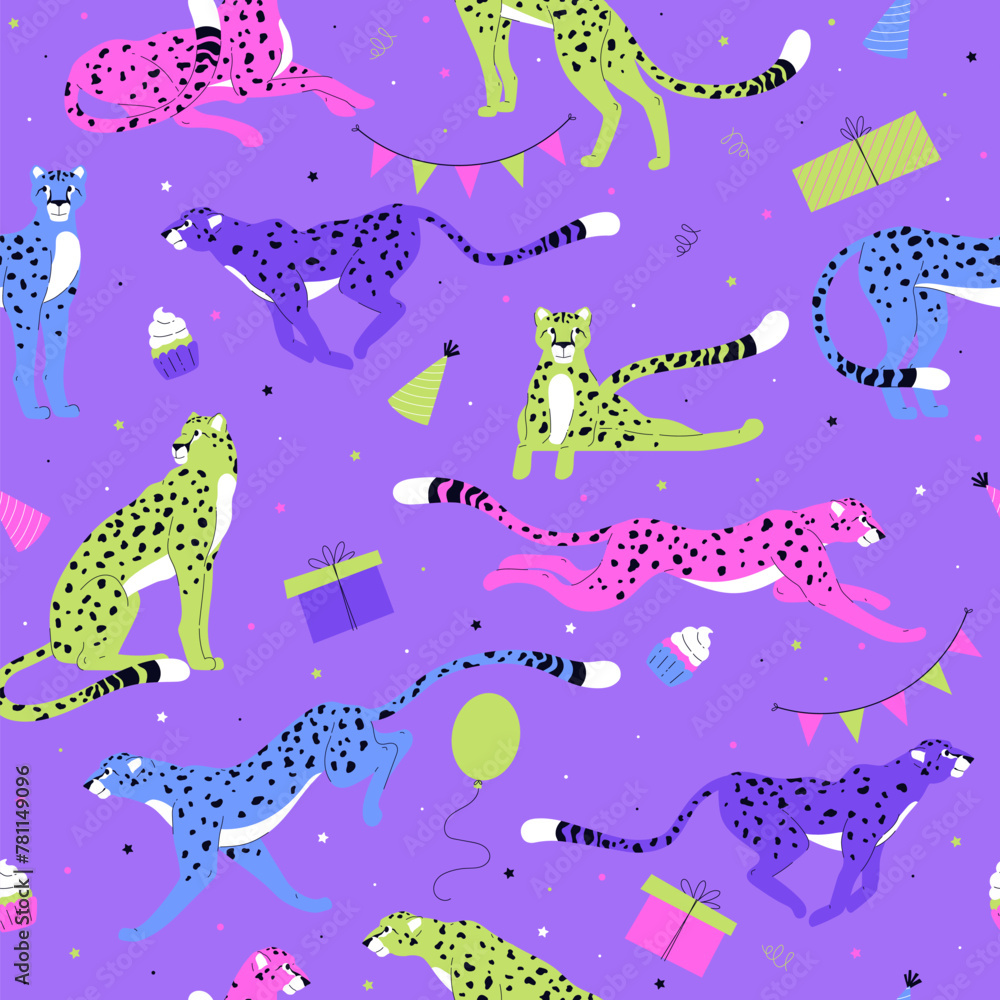 Colorful cheetah party seamless pattern vector illustration