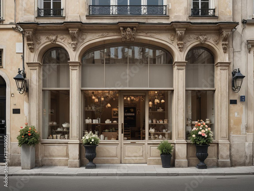 vintage french boutique facade , chic luxury store vitrine