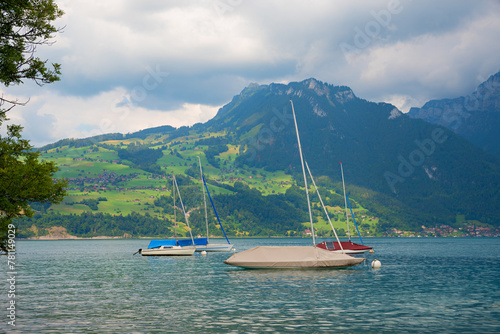 sailboats at lake Thunersee, landscape switzerland