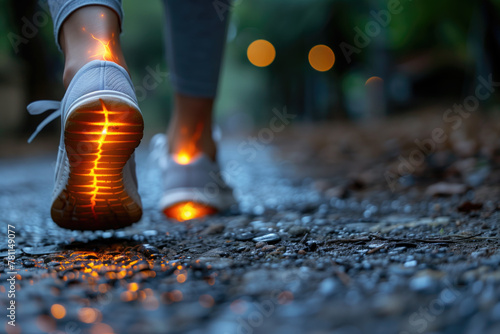Jogging in sneakers with glowing soles, safety in the dark, joint inflammation, foot pain, feet ache outdoors, podiatry concept photo
