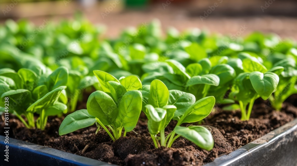 Spinach seedlings thriving in a well maintained raised bed garden Spinach seedlings thriving in a well maintained raised bed garden