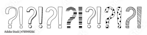 Doodle question and exclamation marks hand drawn sketch vector illustration set. Collection of various exclamation and question attention, asking, doubt and warning punctuation freehand scribbles.