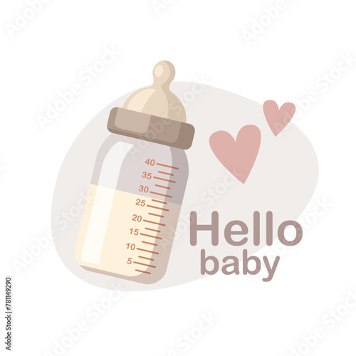 Baby bottle with nipple on white. Hello baby