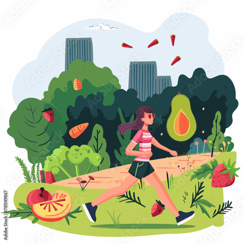 A woman is running in a park with lots of trees and plants. She is wearing a striped shirt and shorts. There are several fruits and vegetables scattered around her, including a few carrots