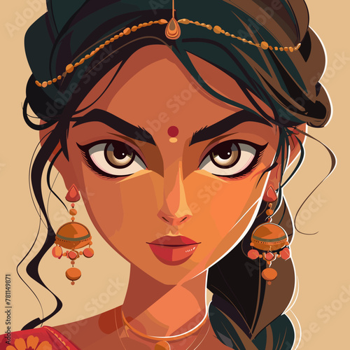A woman with a gold headband and earrings. She has a very pretty face