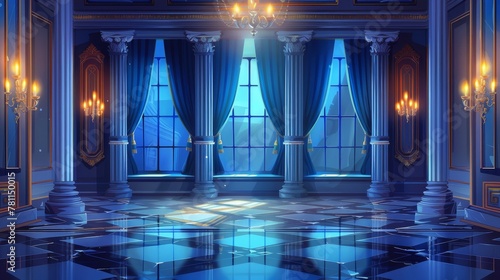 A castle ballroom with glowing lamps, floor-to-ceiling windows and curtains. A room with marble pillars, tiled floors, antique architecture. Cartoon modern illustration.