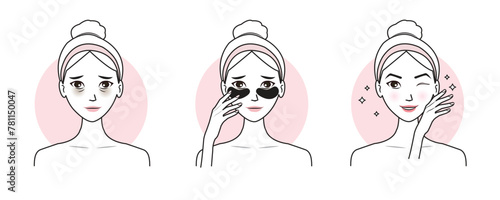 Cute woman apply eye patches treat under eye bags vector illustration isolated on white background. Direction for use eye mask treatment, reduce dark circles, puffiness, dryness and crow feet lines.