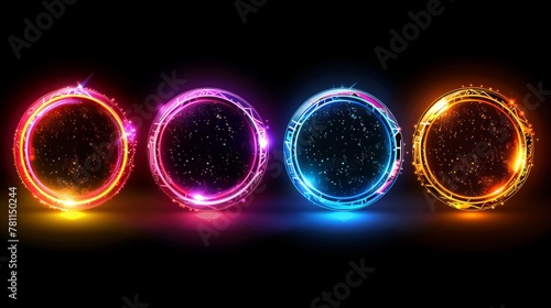Circles of glowing neon color with wavy dynamic lines on black background technology concept. Use for badges, price tags, and labels.