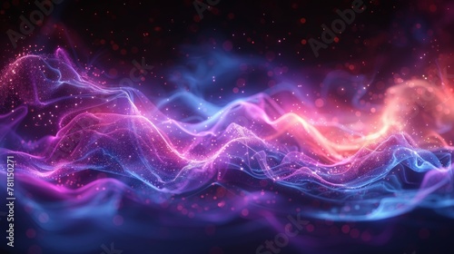 A neon laser wave swirl with glowing light effect. Electric wavy trail; thunderbolt; and a cyber futuristic border with purple and blue laser beams. Modern illustration.