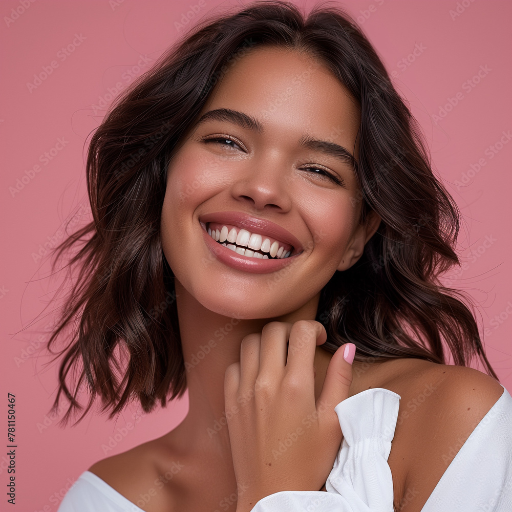 Photo of a model with dark hair, dressed in white and smiling at the camera, showing her manicure on a pink background, with her hand in front of her body, close-up shot, advertising style. Photo of a model with dark hair, dressed in white and smiling at the camera, showing her manicure on a pink background, with her hand in front of her body, close-up shot, advertising style.