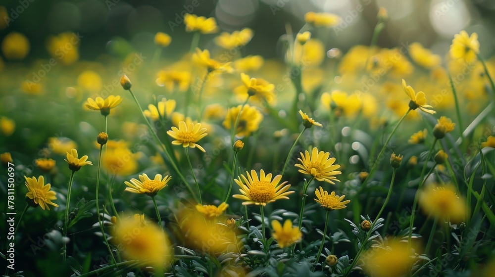 Yellow flowers in a grassy field with blurred background Yellow flowers in a grassy field with blurred background