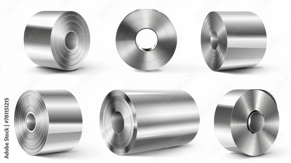 Roll of steel sheet. Construction tape coil isolated on white background. Metallurgy industry production. Modern realistic set of metal or aluminium sheet roll with front, top, and angle views. Roll of steel sheet. Construction tape coil isolated on white background. Metallurgy industry production. Modern realistic set of metal or aluminium sheet roll with front, top, and angle views.