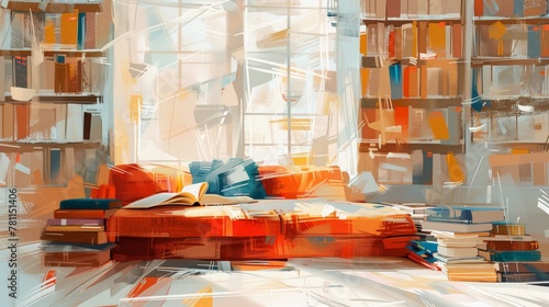 Surreal abstract art of books and geometric shapes