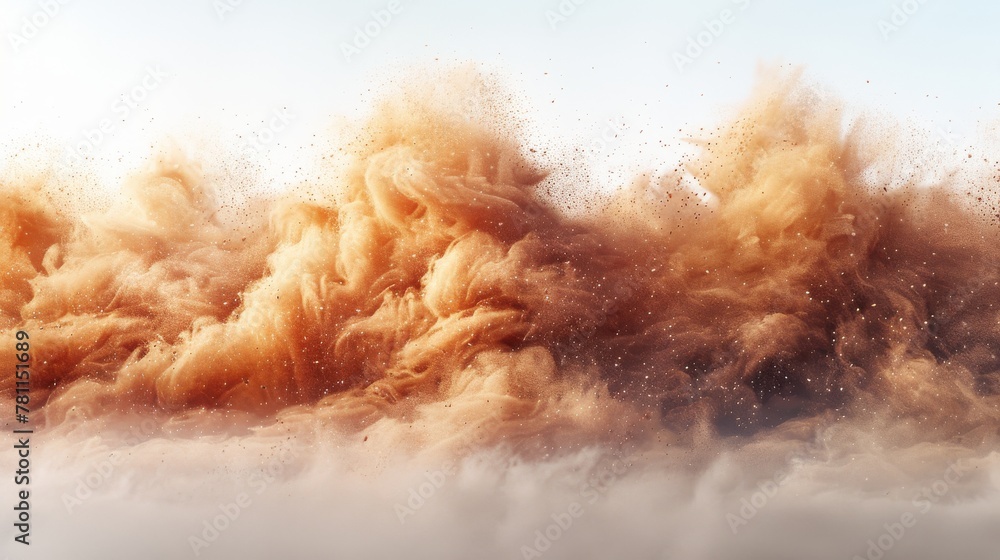 Obraz premium A dirty sandstorm, a sand storm, dirty dust, brown smoke, or a sand cloud isolated on white. A realistic modern illustration.
