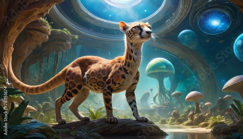 A fantastical scene with a feline-like alien creature standing proudly amidst a lush, otherworldly jungle under alien skies.. AI Generation photo