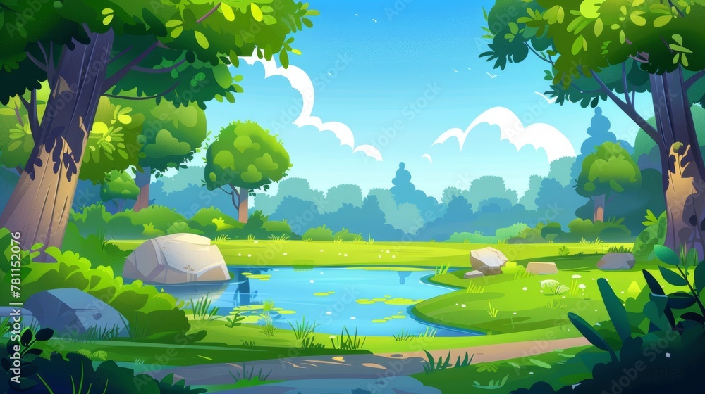 Animated cartoon forest background featuring trees, bushes, ponds, green grass, summer or spring woods or park areas with plants. Modern illustration. - obrazy, fototapety, plakaty 