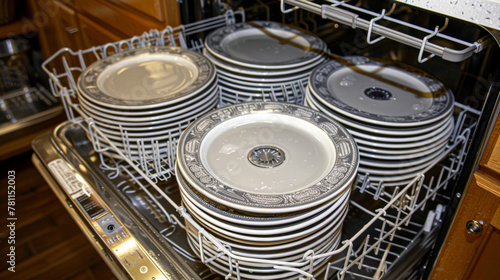 A dishwasher is full of plates and silverware. The plates are white and black and are stacked in the dishwasher