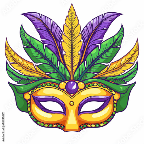 A yellow and purple Mardi Gras mask with feathers on it. The mask is designed to look like a bird's face