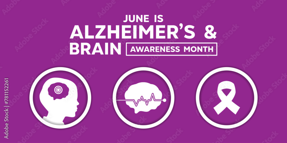 Alzheimers and Brain Awareness Month. Human, brain and ribbon . Great for cards, banners, posters, social media and more. Purple background.