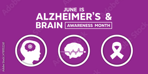 Alzheimers and Brain Awareness Month. Human, brain and ribbon . Great for cards, banners, posters, social media and more. Purple background.